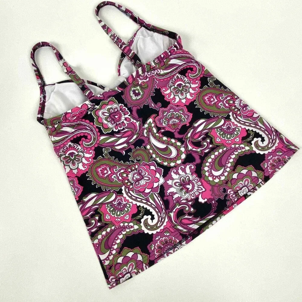 Land's End Tankini Swim Suit Top Ruched Underwire Bodice Paisley Sz 2 Top Only